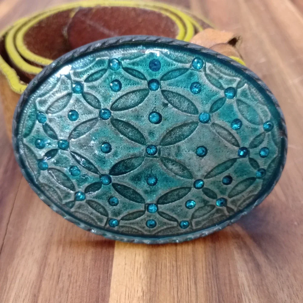 Vintage GAP Belt Y2K Brown Leather Statement Buckle Teal‎ Rhinestones Small